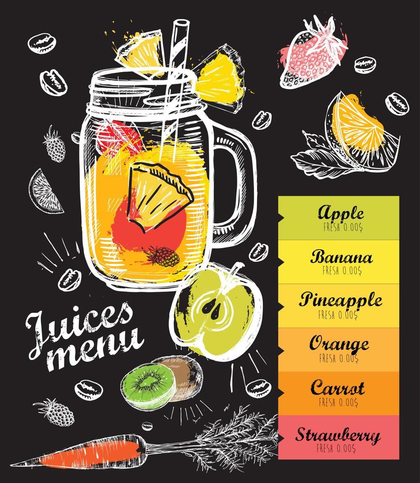 meny juice, smoothie. malldesign, handritad stil. vektor