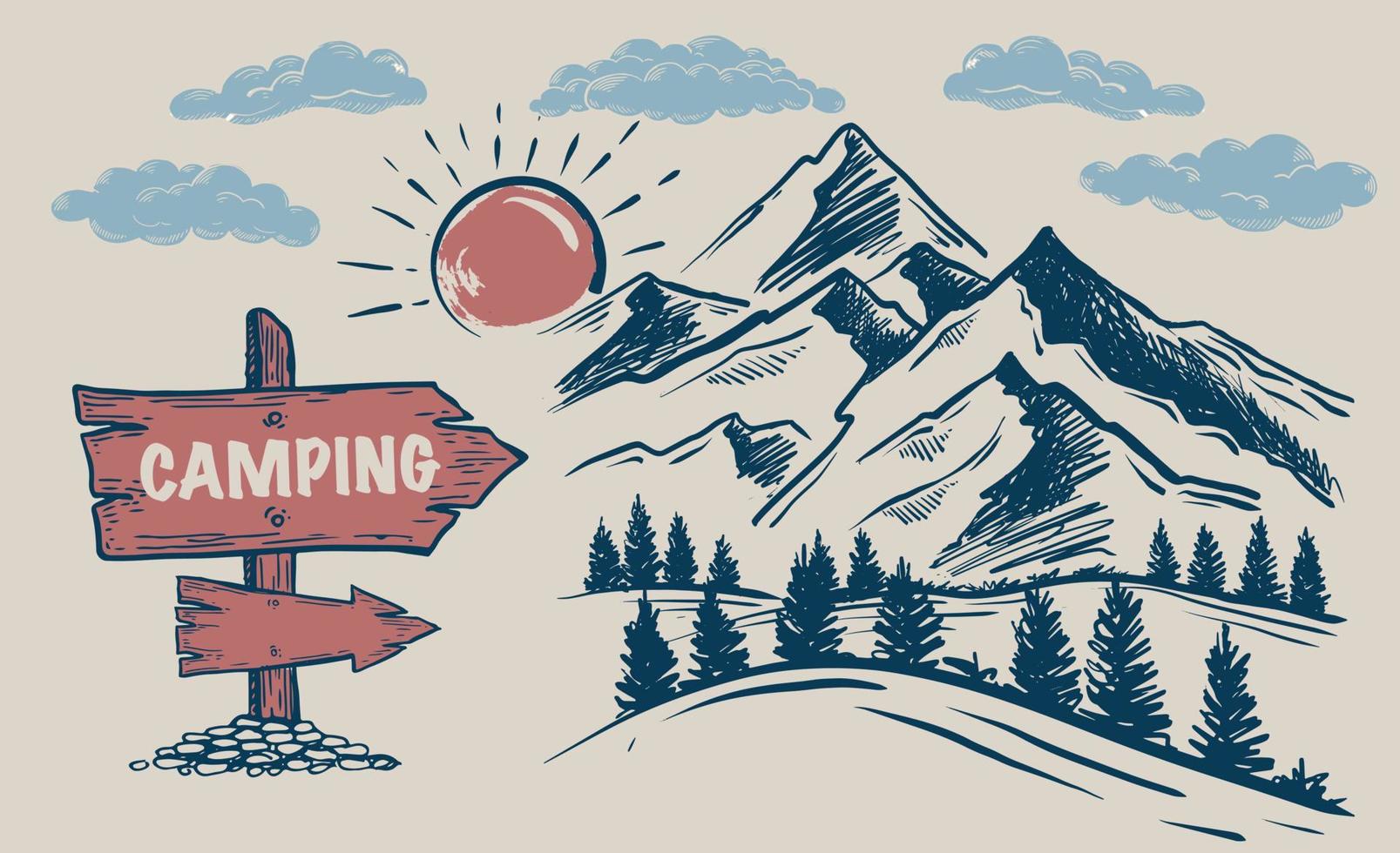 Campingzeit in der Natur, Berglandschaft, Skizzenstil, Vektorgrafiken. vektor