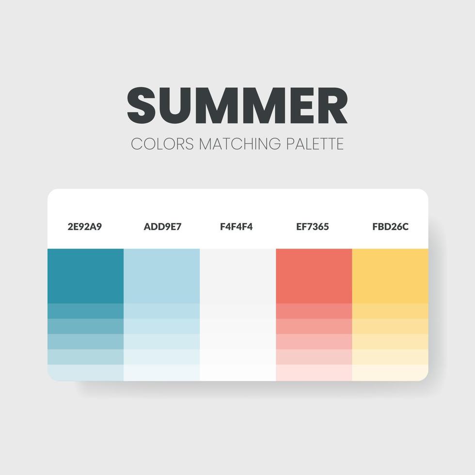 Sommerfarbpalette oder Farbschemata sind Trendkombinationen und Farbpalettenführer. beispiel für tabellenfarbtöne in rgb und hex. ein Farbmuster für Liebhaber von Hochzeitsmode, Wohnen, Innenarchitektur vektor