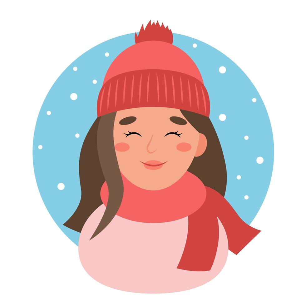 vinter kvinna porträtt, söt karaktär med hatt och halsduk, vektor illustration i platt stil