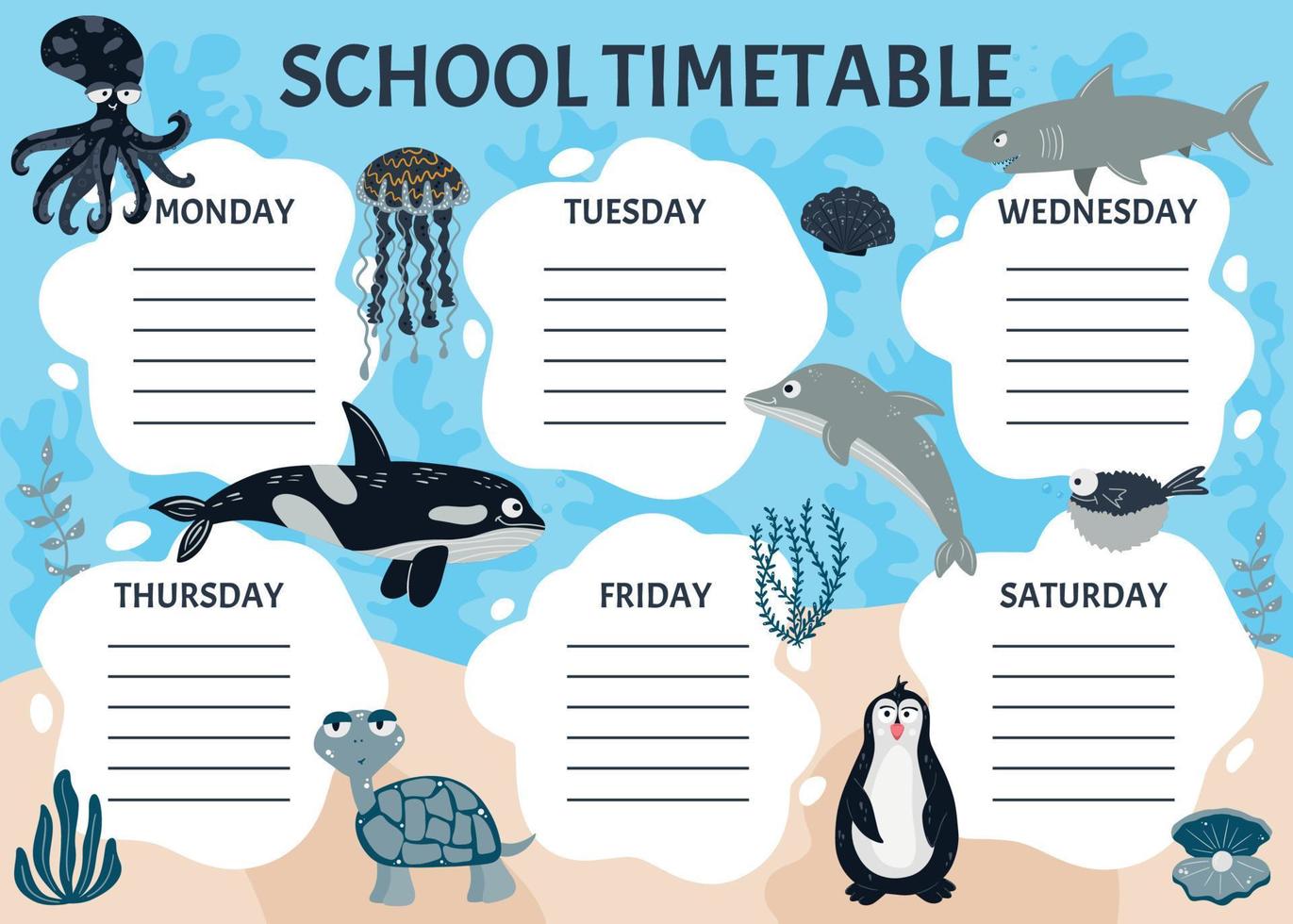Stundenplan der Klassen in der Grundschule. Wochenplaner-Vorlage mit Cartoon-Meerestieren. Vektorgrafiken im Cartoon-Stil vektor