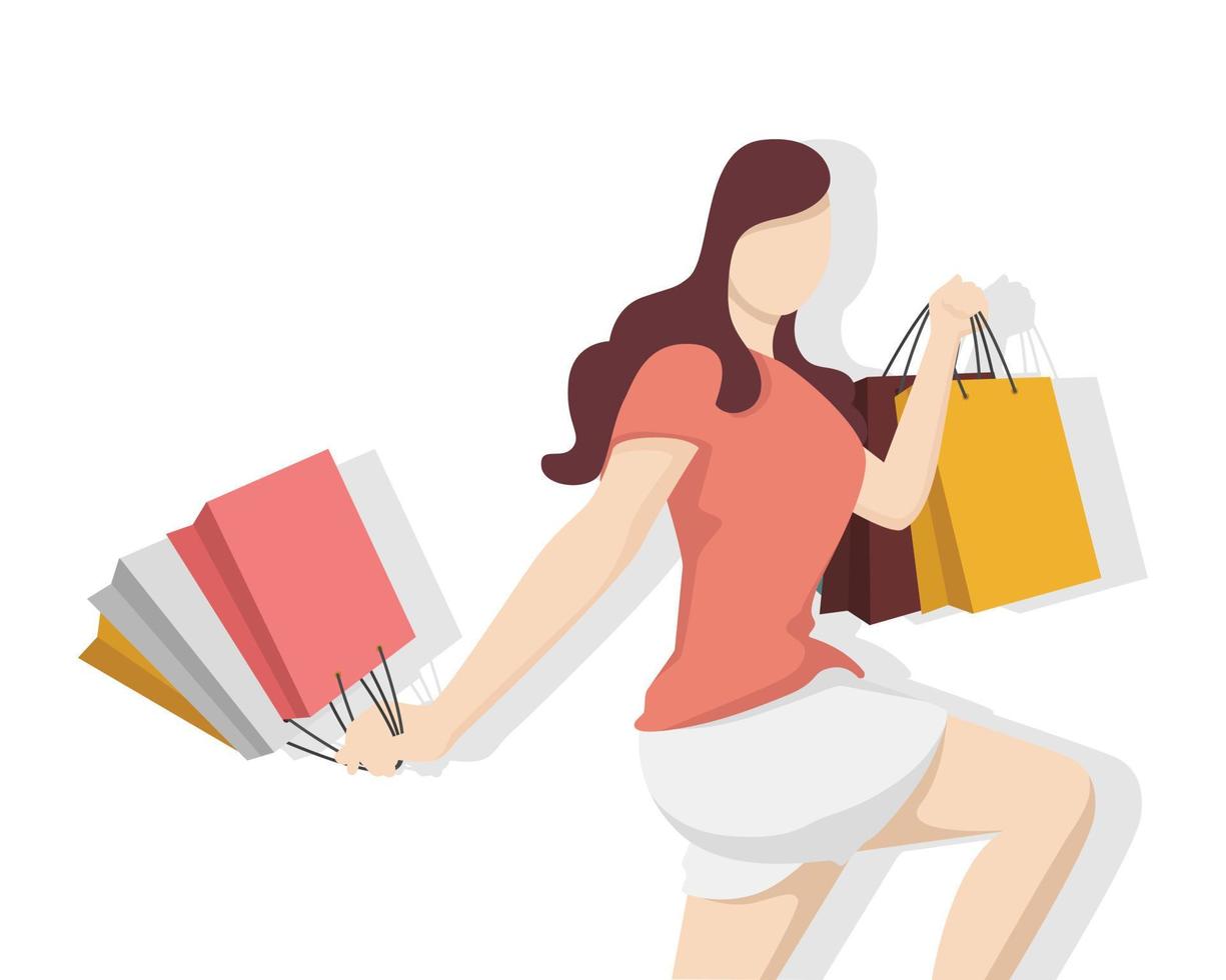 glückliche Frau mit Einkaufstasche im modernen flachen Stil, einfache Menschen und Modekonzept auf weißem Hintergrund. vektor