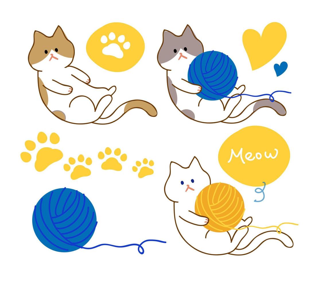 Katzen und Pfoten in verschiedenen Farben, handbemalte süße Katzen spielen mit gelben und blauen Wollknäueln vektor