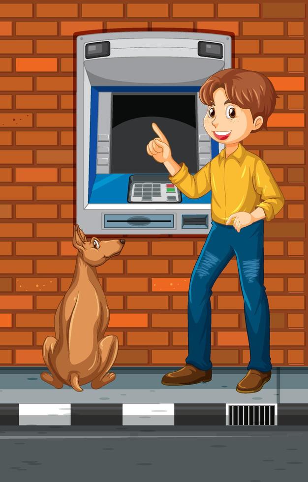geldautomat auf der straßenszene mit einem mann geld abheben vektor