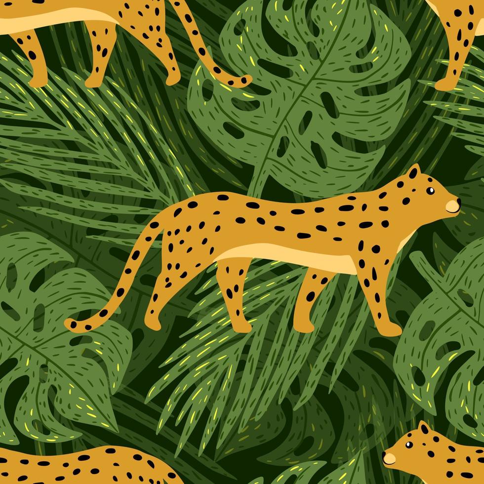 süße leoparden und tropische blätter nahtloses muster. Jaguar im Regenwald Wallpaper. gepard und palmblätter endloser hintergrund. vektor