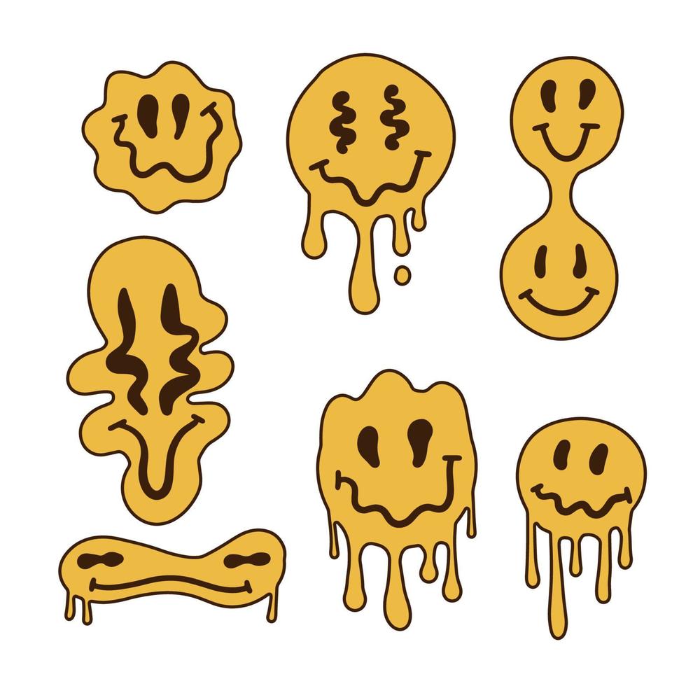 Satz verzerrter Emoji-Gesichter isoliert auf weißem Hintergrund. Retro-Trip-Charaktere, tropfende Emoticons. vektor handgezeichnete illustration.