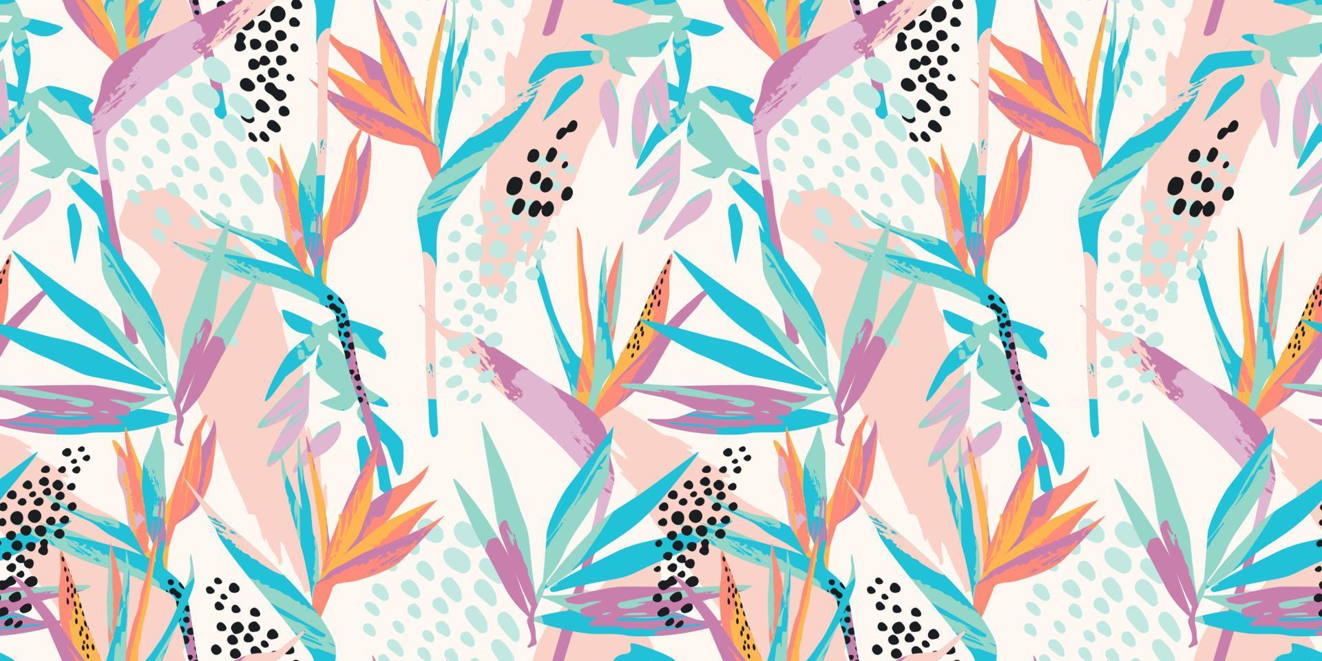 abstrakte Kunst nahtlose Muster mit tropischen Blättern und Blumen. modernes exotisches Design vektor