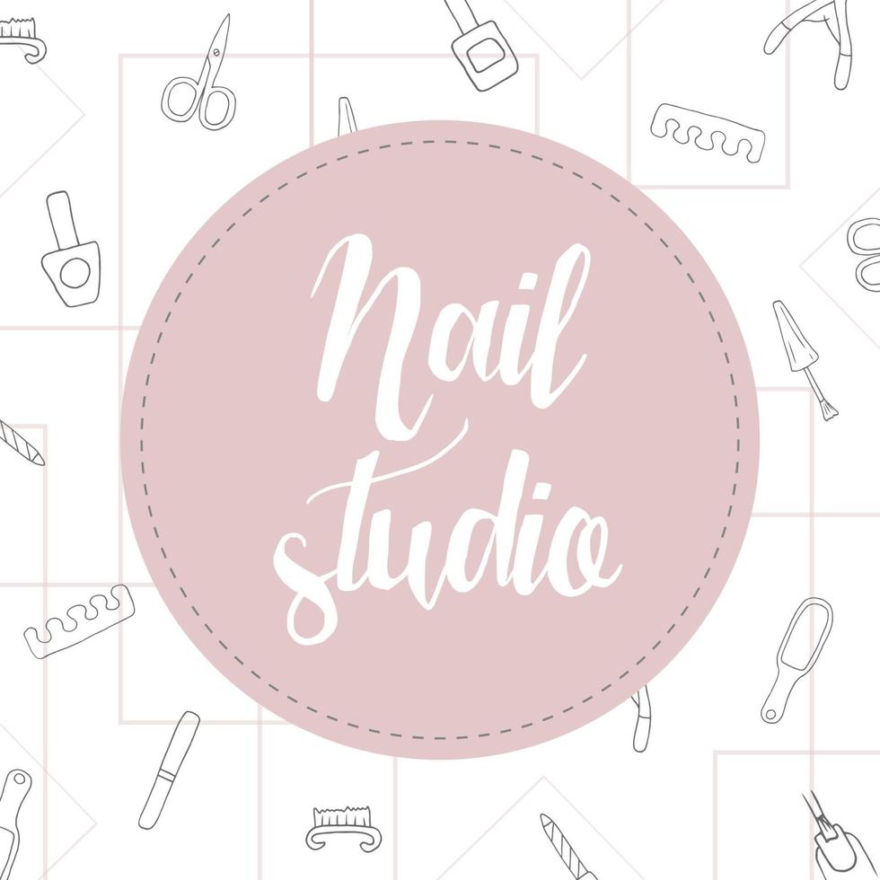 manikyr pedikyr doodle verktyg set med nagellack symbol, sax, lack, kräm. bokstäver manikyr. nagelstudio, salong banner. skönhet ikoner för spa. vektor illustration.