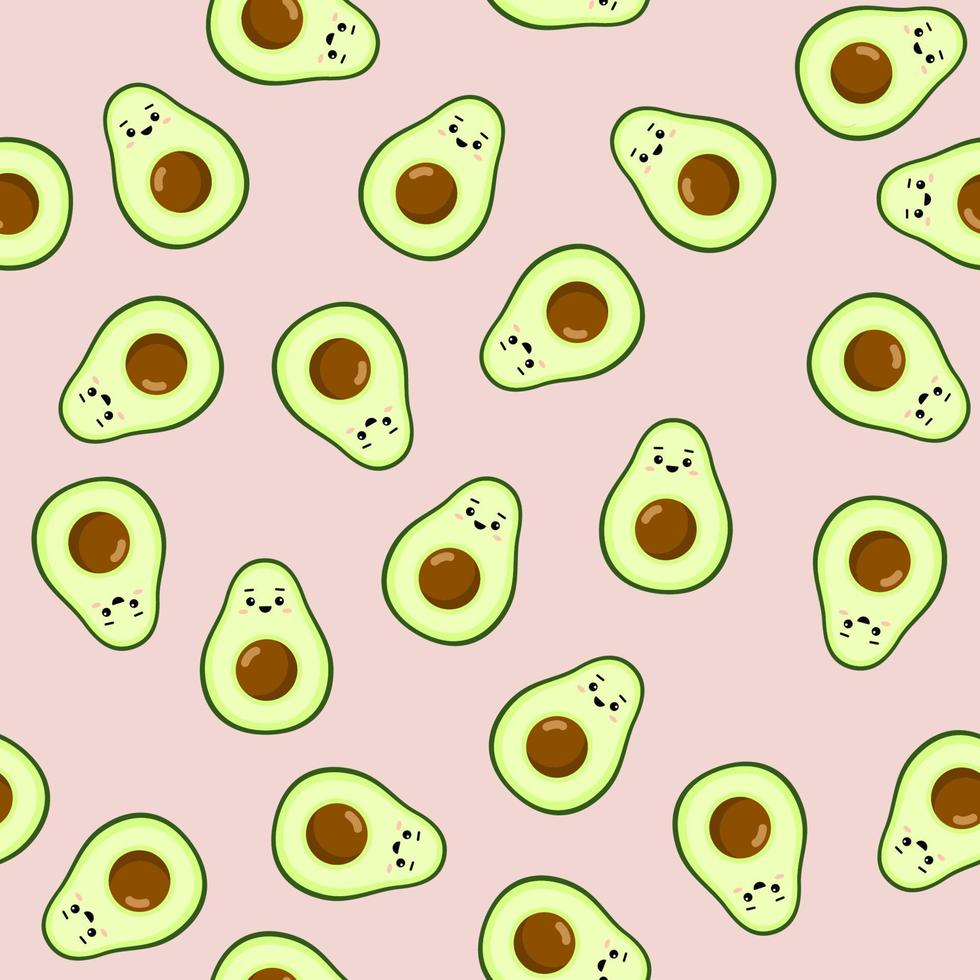nahtloses muster des avocado-charakterdesigns auf rosa hintergrund. niedliche illustration für grußkarten, aufkleber, stoffe, webseiten und drucke. vektor
