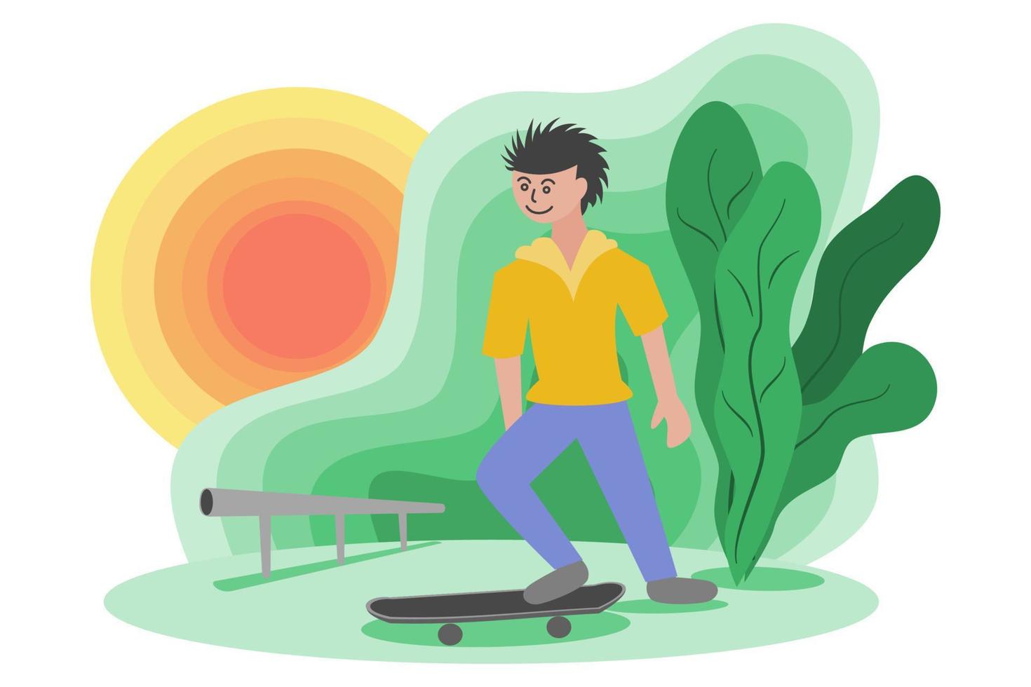 Illustration eines Mannes, der im Park in der Sonne Skateboard spielt vektor