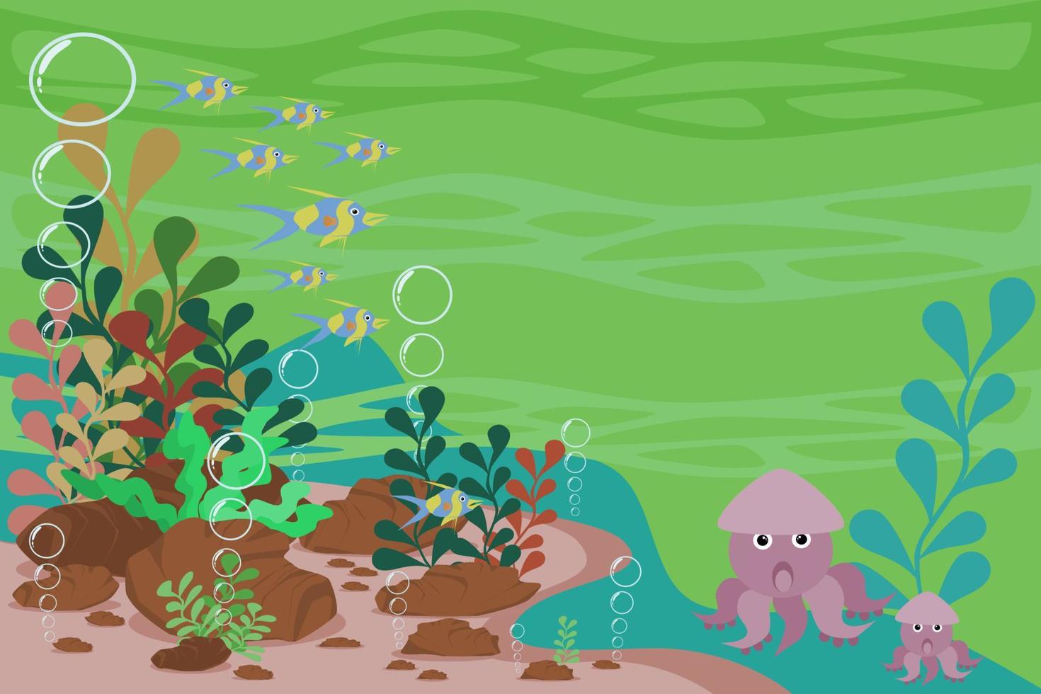 illustration av marint liv under havet, bläckfisk och fiskar som simmar genom koraller vektor