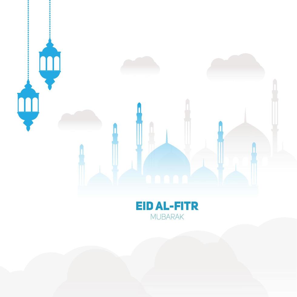 islamisk eid festival hälsning med lampa och moské moln vektor