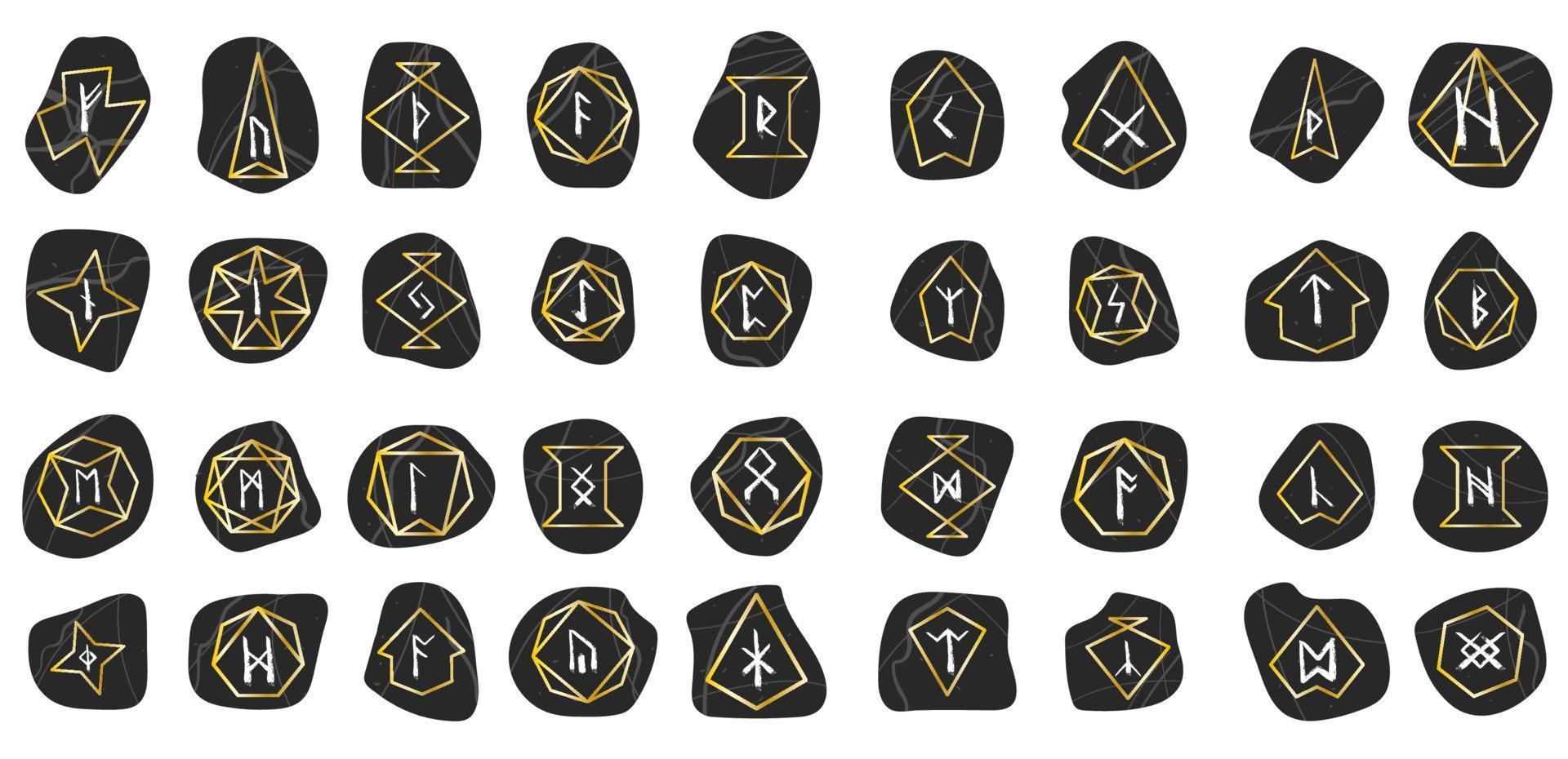 Wachs-Kreide-Rune. satz von gekritzelschwarzem texturstein mit goldenem verlaufsrahmen. mystische, esoterische, okkulte, magische Glyphen. für Spielschnittstelle. vektor