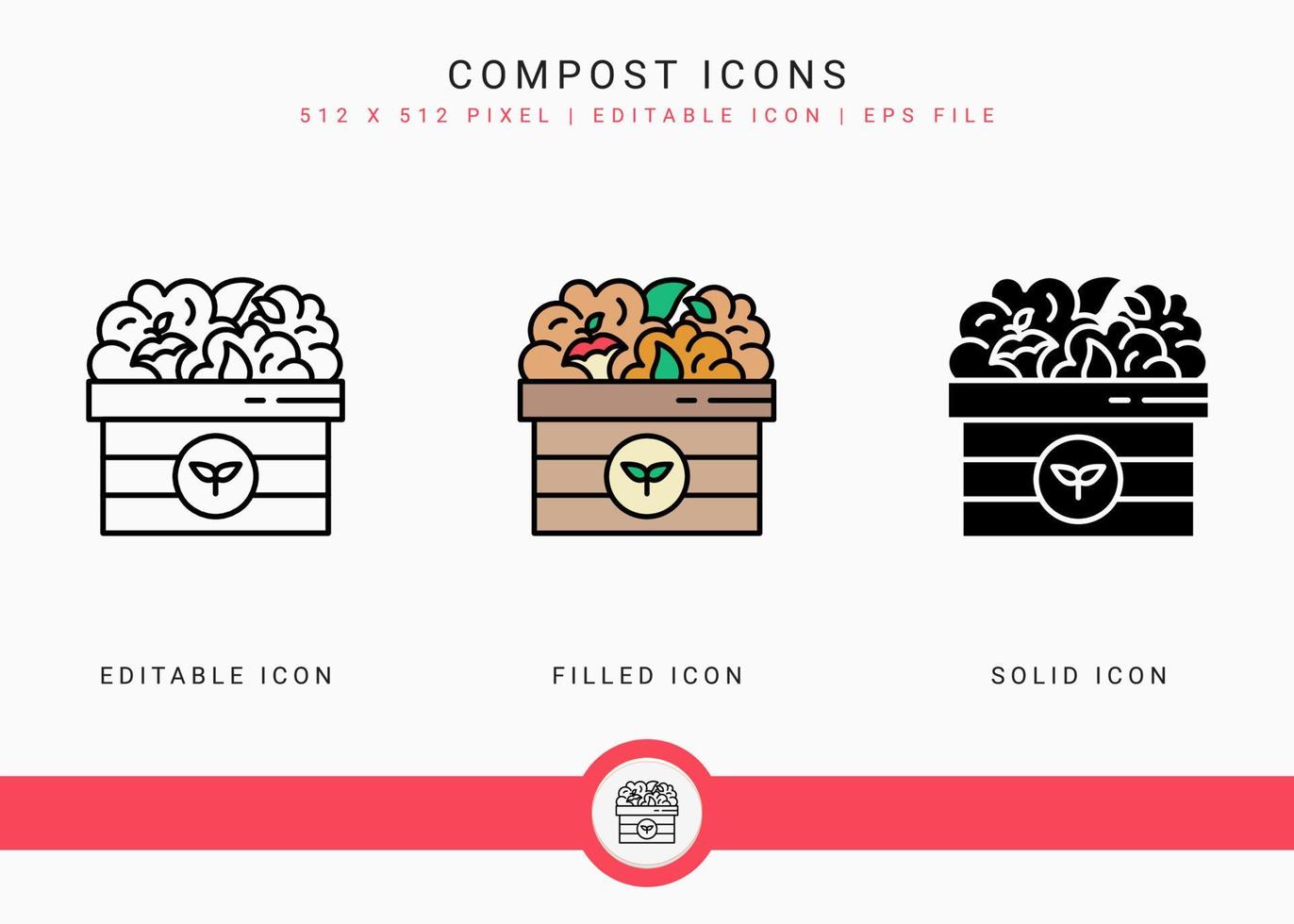 Kompostsymbole setzen Vektorillustration mit solidem Symbollinienstil. biologisch abbaubares Konzept. editierbares Strichsymbol auf isoliertem Hintergrund für Webdesign, Benutzeroberfläche und mobile App vektor