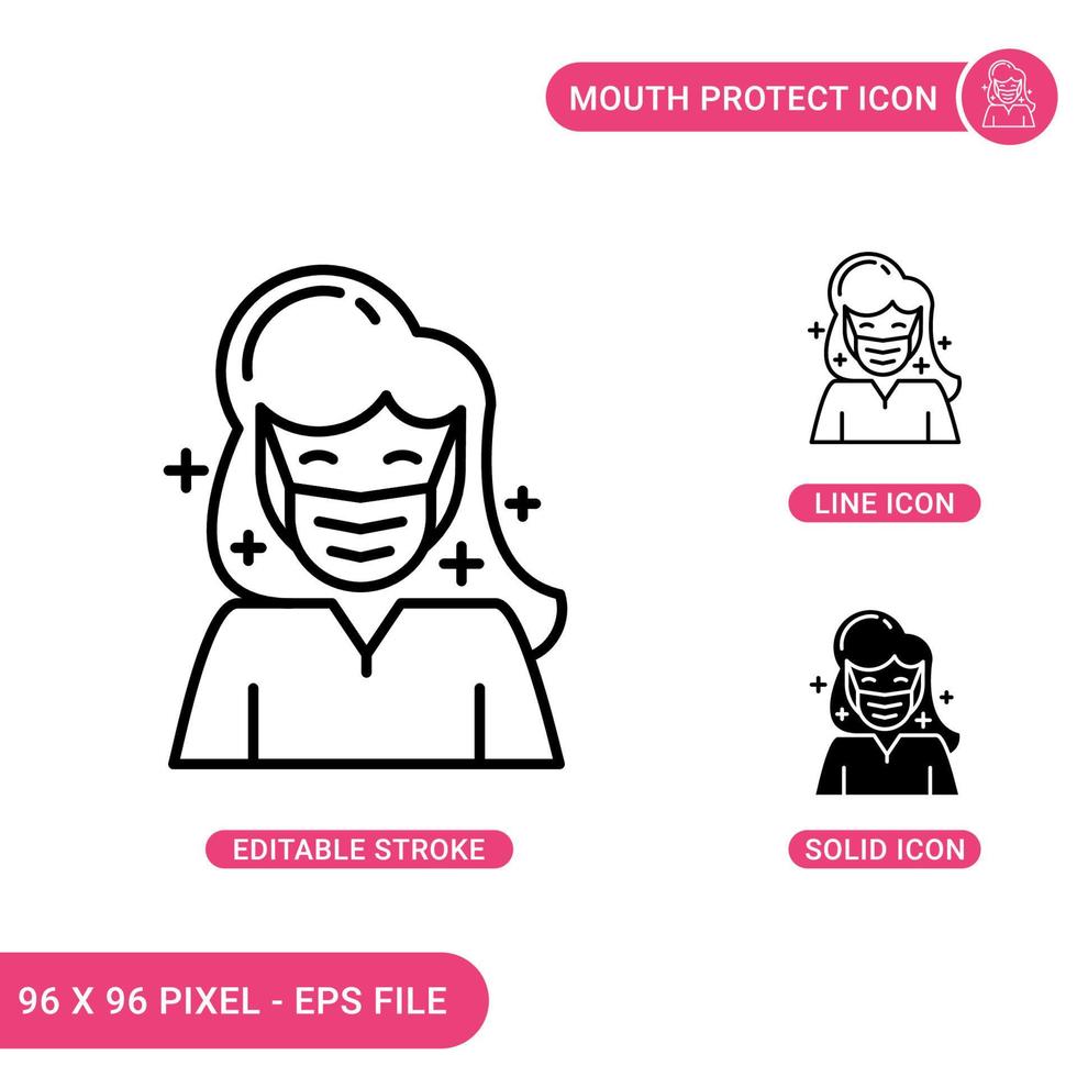 mun skydda ikoner set vektor illustration med solid ikon linje stil. kvinna ansiktsmask koncept. redigerbar strokeikon på isolerad bakgrund för webbdesign, infographic och ui-mobilapp.
