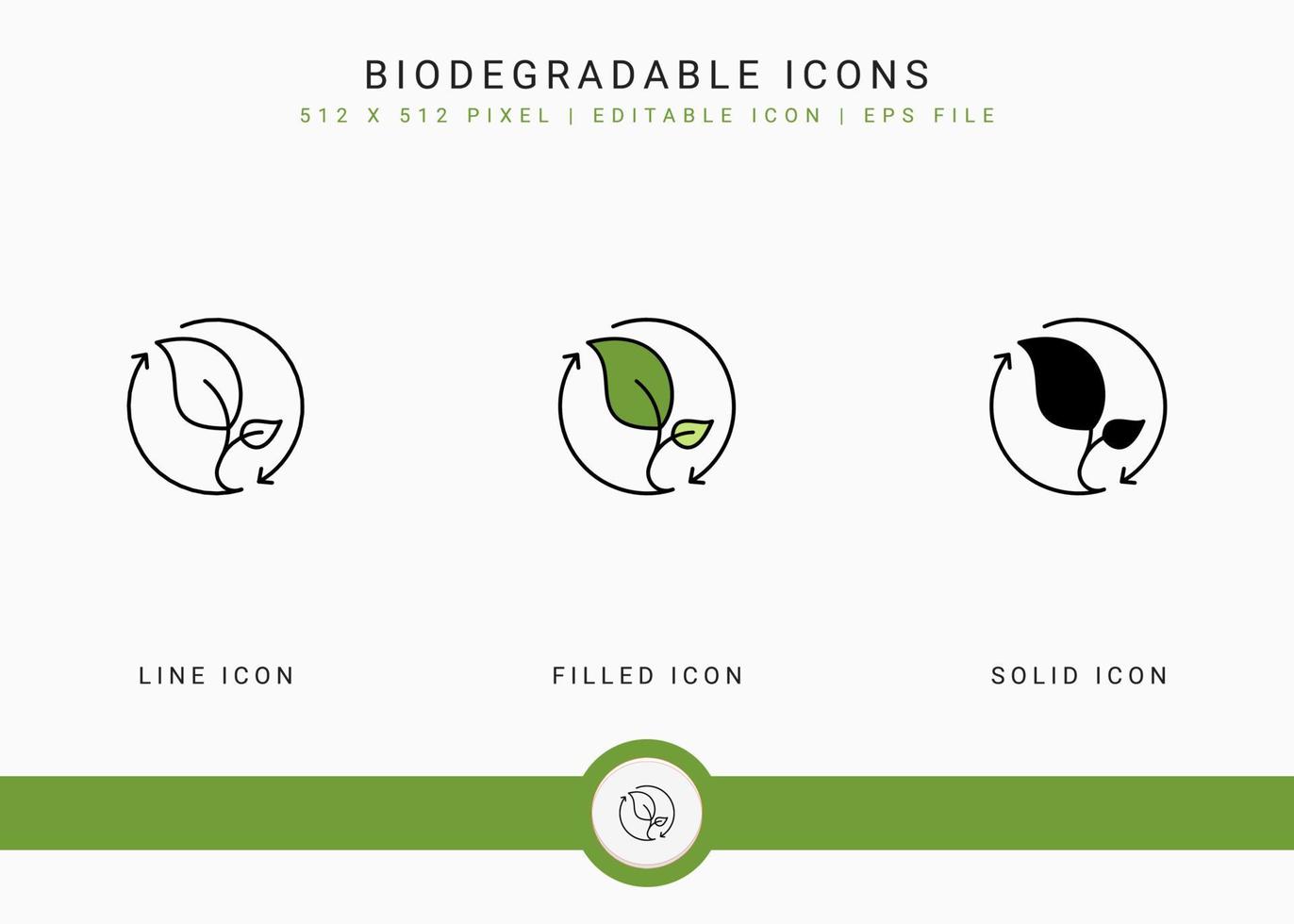 biologisch abbaubare Symbole setzen Vektorillustration mit solidem Symbollinienstil. bpa-freies blattkonzept. editierbares Strichsymbol auf isoliertem weißem Hintergrund für Webdesign, Benutzeroberfläche und mobile App vektor