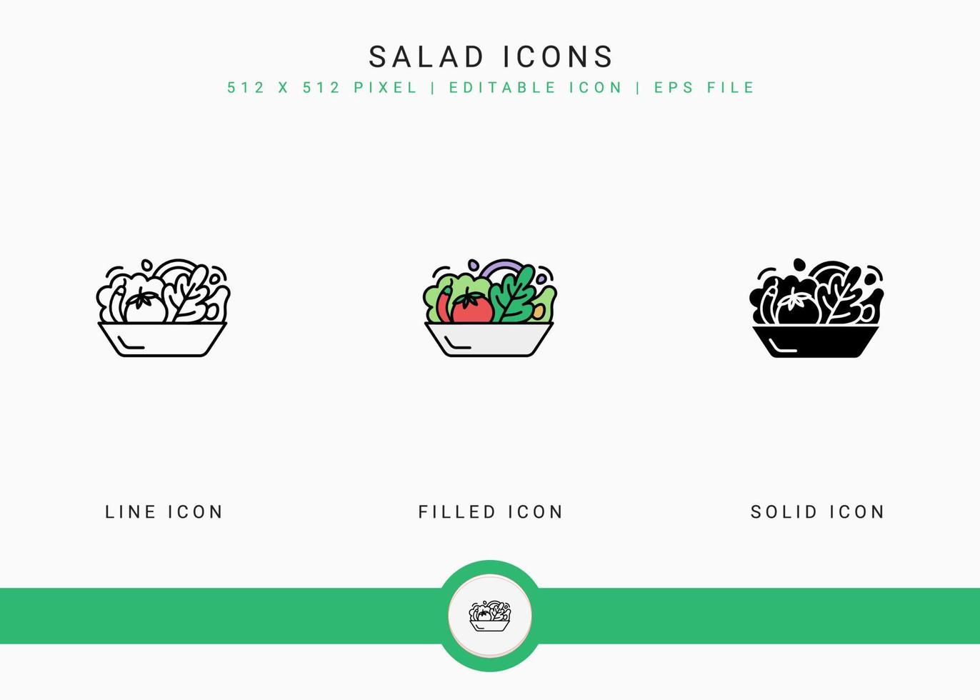 Salatsymbole setzen Vektorillustration mit solidem Symbollinienstil. pflanzliche Ernährung Ernährungskonzept. editierbares Strichsymbol auf isoliertem weißem Hintergrund für Webdesign, Benutzeroberfläche und mobile App vektor
