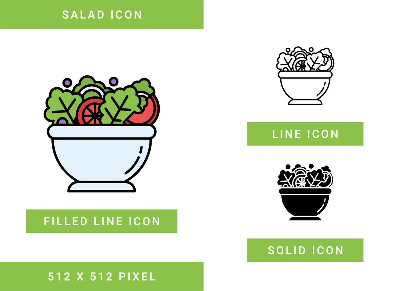 Salatsymbole setzen Vektorillustration mit solidem Symbollinienstil. Symbolkonzept für gesunde Ernährung. editierbares Strichsymbol auf isoliertem weißem Hintergrund für Webdesign, Benutzeroberfläche und mobile App vektor