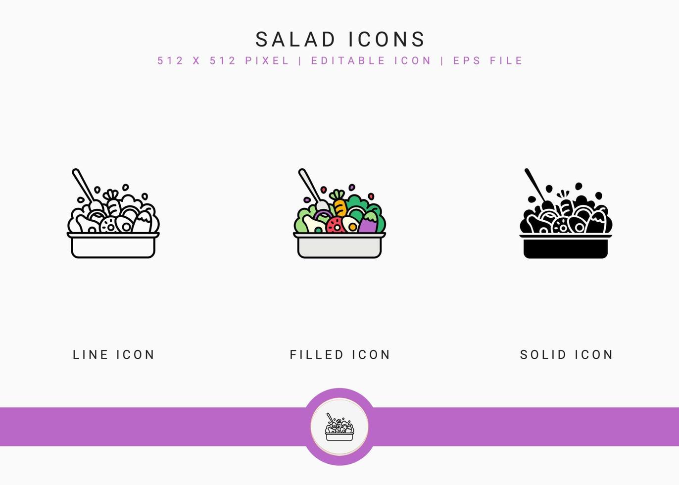 Salatikonen stellten Vektorillustration mit festem Symbollinienstil ein. Konzept für gesunde vegane Zutaten. Bearbeitbares Strichsymbol auf isoliertem weißem Hintergrund für Webdesign, Benutzeroberfläche und mobile App vektor