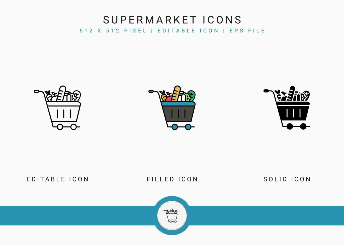 Supermarkt-Symbole setzen Vektorillustration mit solidem Symbollinienstil. Online-Shop-Einzelhandelskonzept. editierbares Strichsymbol auf isoliertem Hintergrund für Webdesign, Benutzeroberfläche und mobile App vektor