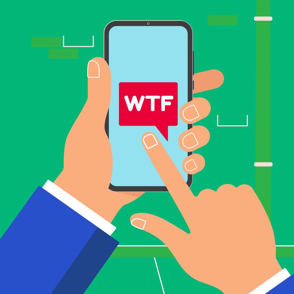 hand, die schwarzes handy lokalisiert auf wandhintergrund hält. Smartphone auf der Hand des Menschen mit wtf-Wort-Chat-Blasen-Symbolzeichen. Designart-Vektorillustration des Zeigefinger-Zeiger-Touchscreens flache. vektor