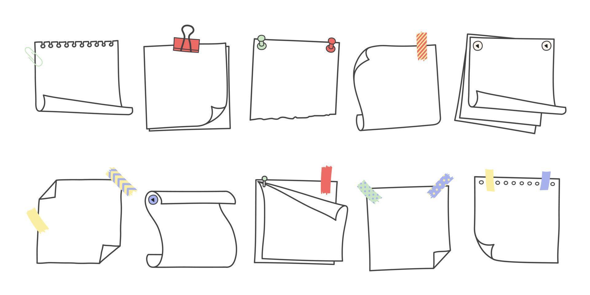 doodle handritad memo anteckningar och påminnelser vektor illustration set.
