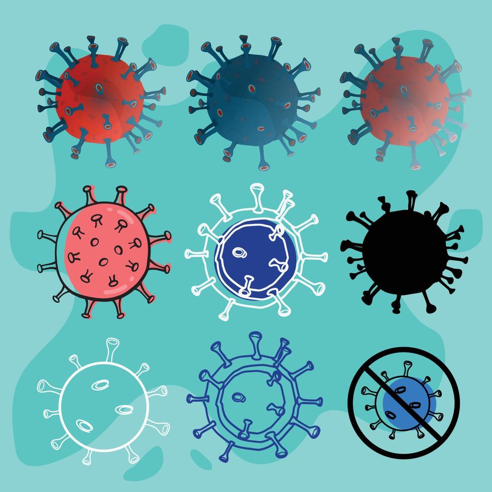 covid-19 och mikroskopiska viruspartiklar vektor ikonuppsättning