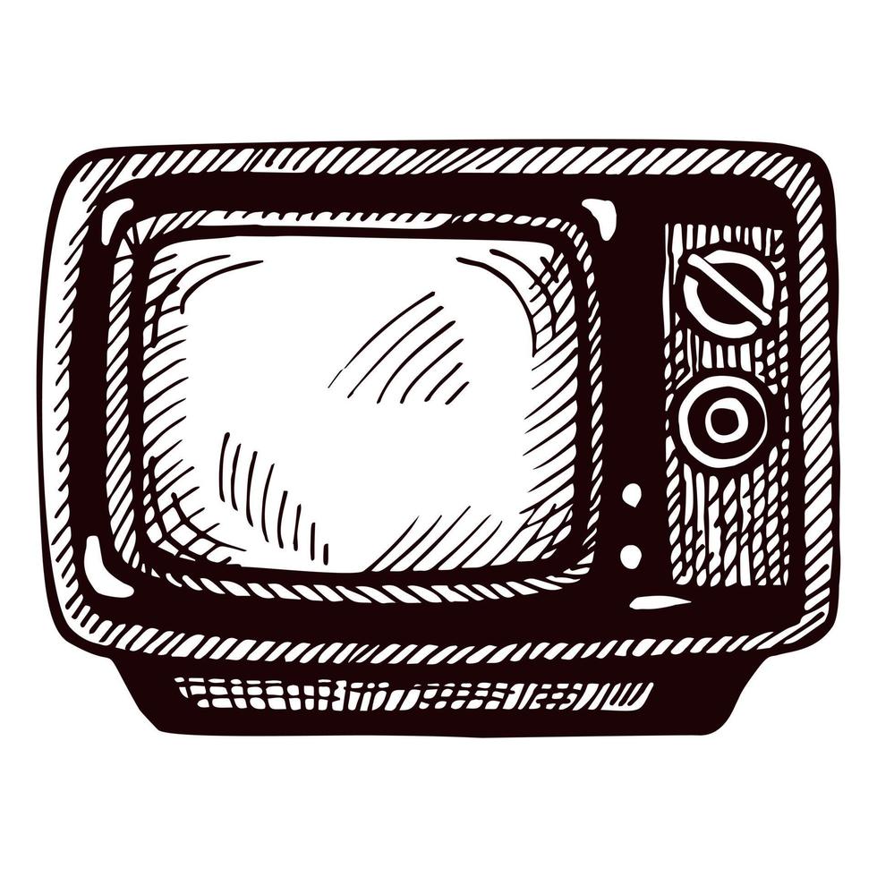 Retro-TV graviert isoliert auf weißem Hintergrund. vintage fernsehmediengeräte im handgezeichneten stil. vektor