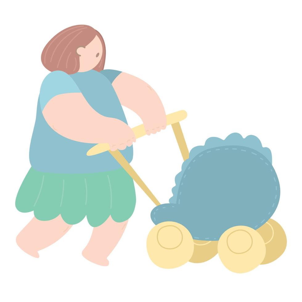 Frau, die mit einem Kinderwagen geht. Außenaktivität. Eine junge Mutter geht mit einem Kinderwagen spazieren. vektor
