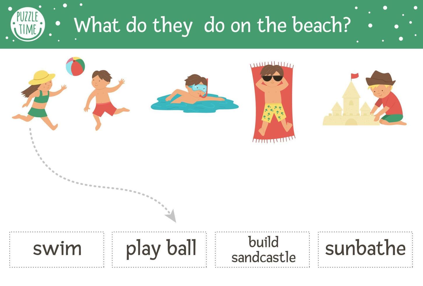sommar matchande aktivitet barn som leker på stranden. förskola havet semester pussel. söt exotisk pedagogisk gåta. hitta rätt ord utskrivbart arbetsblad. enkelt språk semesterspel för barn vektor