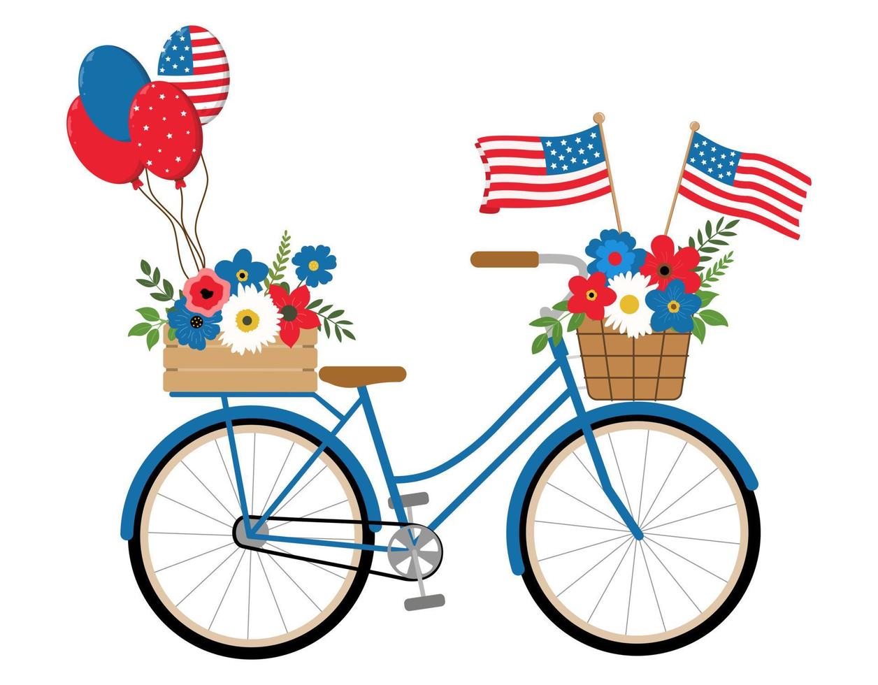 Patriotisches blaues Fahrrad mit amerikanischen Flaggen, roten, weißen, blauen Blumen und Ballonillustration, lokalisiert auf weißem Hintergrund. 4. Juli themenorientierte Design-Feiertagskarte. vektor