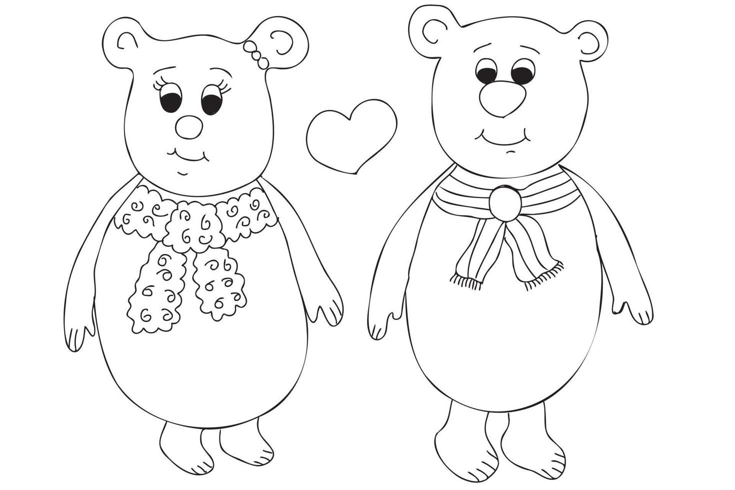 svart och vit vektorillustration. förälskade björnar linjekonst, konturteckning. söt pojke och flicka björnar med halsdukar svart kontur illustration. vektor