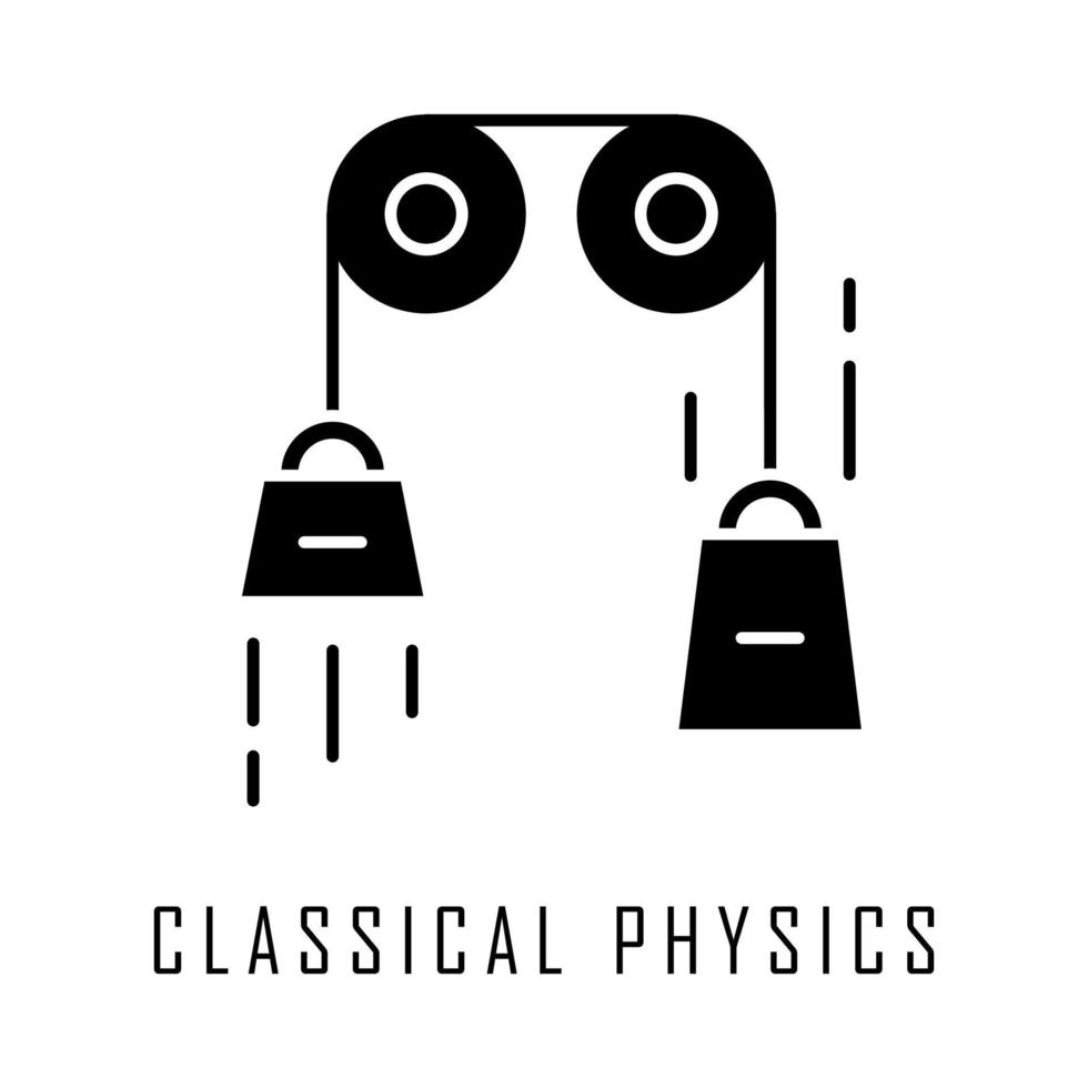 Symbol für klassische Physik-Glyphe. Gesetze der Bewegung und Gravitation. mechanische Energieforschung. theoretische Kinematik physikalisches Experiment. Silhouettensymbol. negativer Raum. vektor isolierte illustration