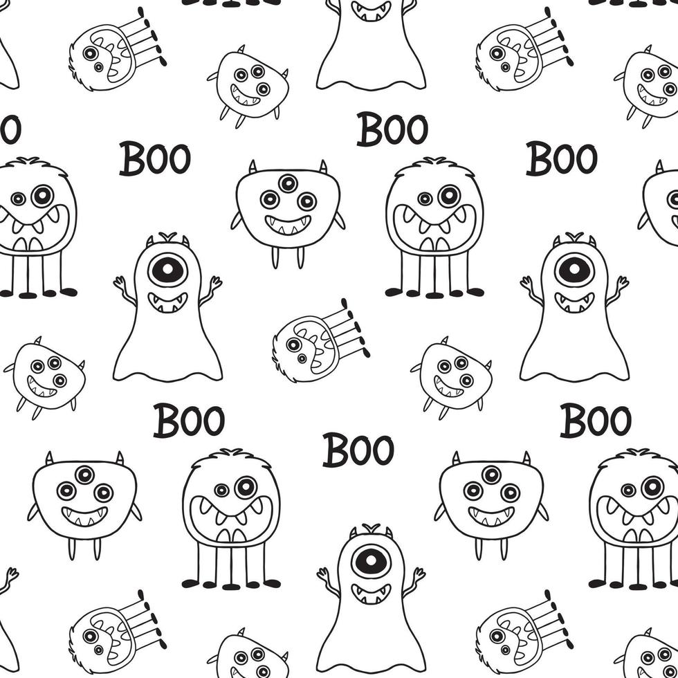 monster halloween mönster. söta seriefigurer i enkel handritad skandinavisk stil. vektor barnslig rolig doodle illustration. babykläder, textilier, tyg, tapeter, papper