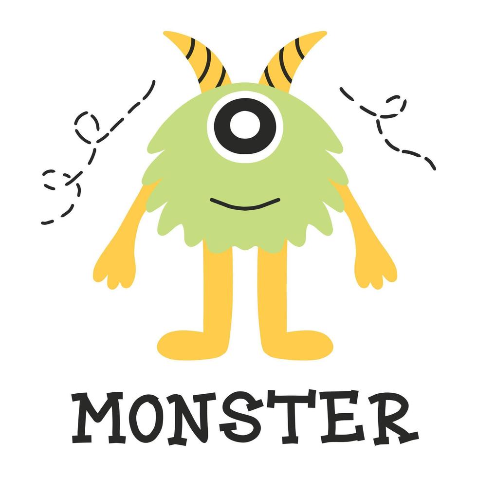 handritad affisch med ett sött monster. doodle stil. vektor illustration i skandinavisk stil. grönt fluffigt monster.