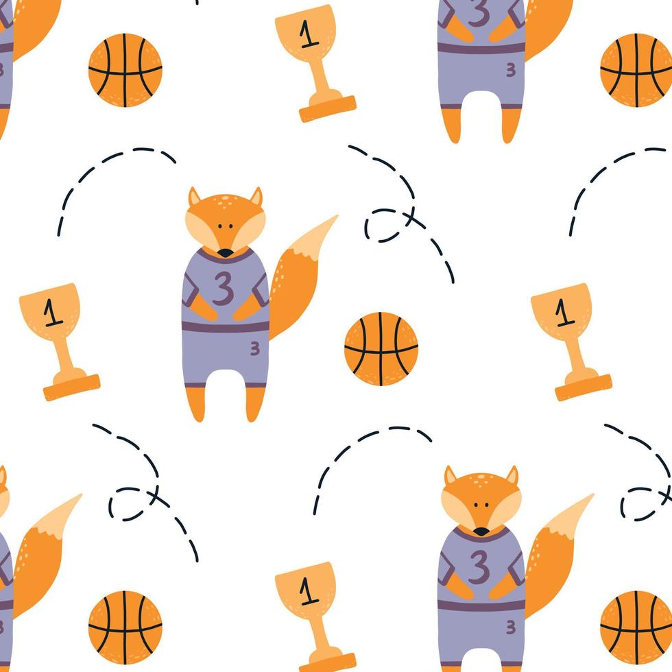 Muster mit einem Fuchs. Muster mit Basketball. Kindermuster für Textilien. Vektor-Illustration. vektor