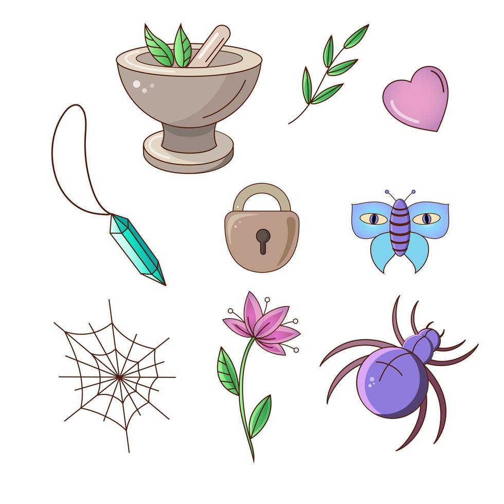 Vektorzeichnungssatz magischer Elemente. mörser und stößel, herz, gras, laub, schmetterling, amulett, spinnennetz, türschloss, blühende blume.vektorillustration. vektor