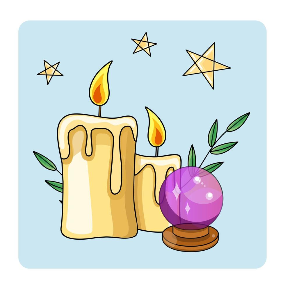 süße mystische Ikone. bunte magische elementsammlung der karikatur. kawaii astrologie symbole von magischer kugel, kerzen, pentagramm, sternen, kräutern vektormaterial. vektor