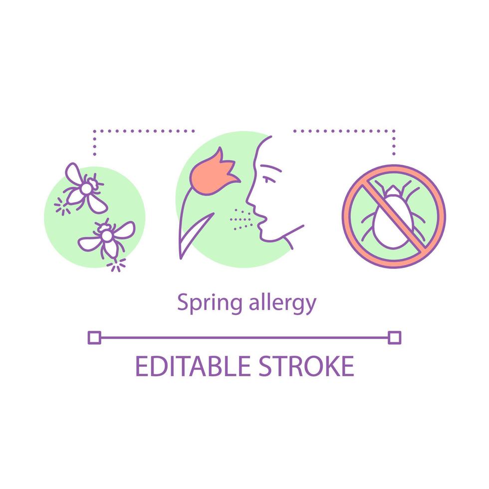 Symbol für das Konzept der Frühlingsallergie. Idee einer saisonalen allergischen Erkrankung, dünne Linie Illustration. allergische Reaktionen auf Insektenstiche, Blütenpollen, Milben. Vektor isoliert Umrisszeichnung. editierbarer Strich