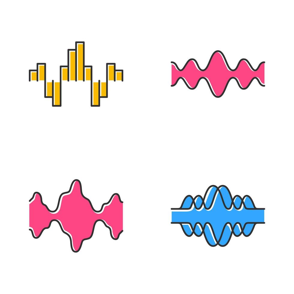 Farbsymbole für Schallwellen festgelegt. Audio, Musik, Funksignalwellen. Vibration, Synergie, Bewegungslinien. digitale Kurve Schallwellenfrequenz. Sprachaufnahme, DJ-Track-Wellenform. isolierte Vektorgrafiken vektor