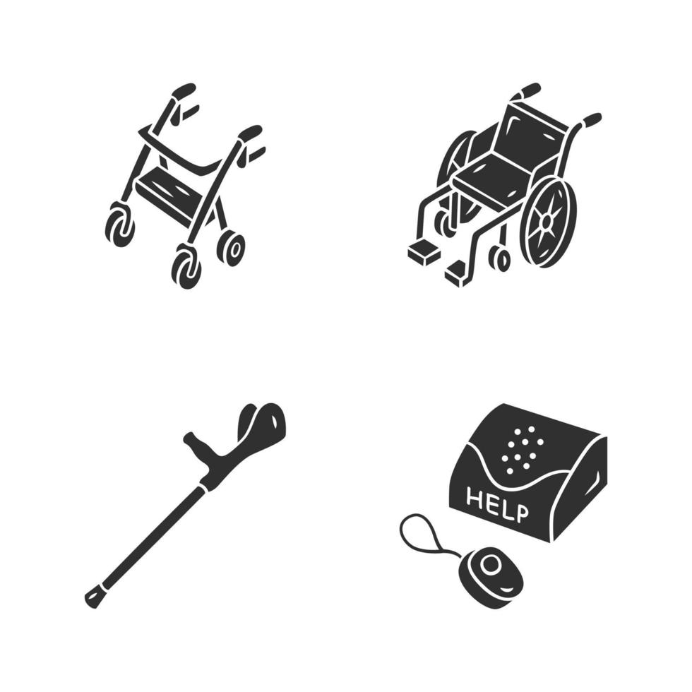 inaktiverade enheter glyfikoner set. rollator, manuell rullstol, underarmskrycka, personligt nödsystem. rörelsehjälp, handikapputrustning. siluett symboler. vektor isolerade illustration