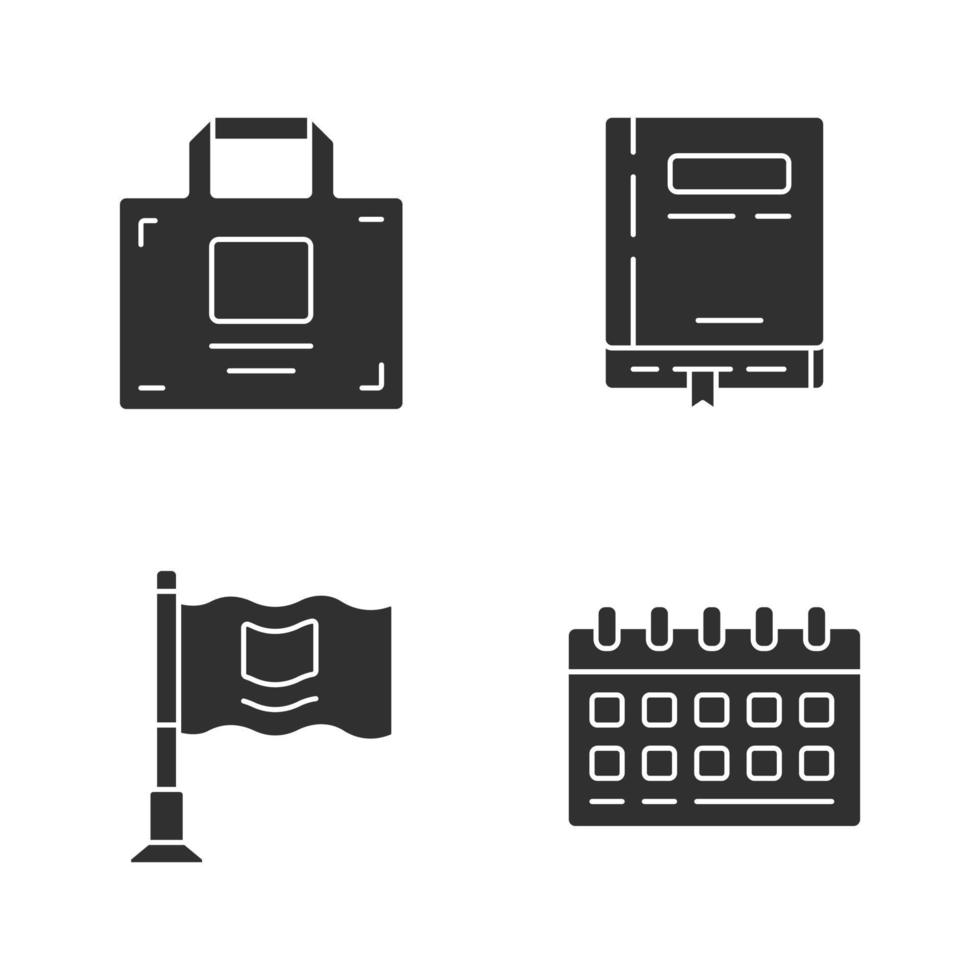 Glyphensymbole für Bürozubehör festgelegt. unternehmensattribute, firmenmitarbeiterwerkzeuge silhouette symbole. geschäftsbedarf isolierte vektorillustrationen. Arbeitsnotizblock, Tischkalender, Aktentasche und Flagge. vektor