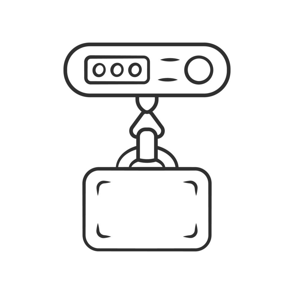 Lineares Symbol für elektronisches Gepäck. Wiegekoffer mit digitalen Gewichten. Gebühr für die Gewichtsgrenze des Gepäcks, fein. dünne Liniendarstellung. Kontursymbol. Vektor isoliert Umrisszeichnung. editierbarer Strich