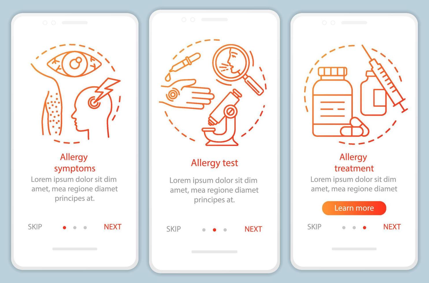 Allergie Onboarding Mobile App Seitenbildschirm Vektorvorlage. allergische krankheiten symptome, test, behandlung. Walkthrough-Website-Schritte mit linearen Illustrationen. ux, ui, gui smartphone-schnittstellenkonzept vektor