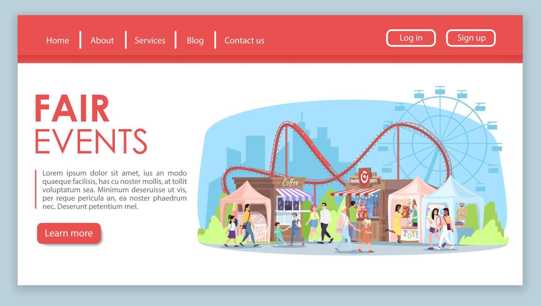 Landingpage-Vektorvorlage für Messeveranstaltungen. stadtkirmes, vergnügungspark-website-schnittstelle mit flachen illustrationen. Sommermarkt, Festival. Jahrmarktsattraktionen Web-Banner, Webseiten-Cartoon-Konzept vektor