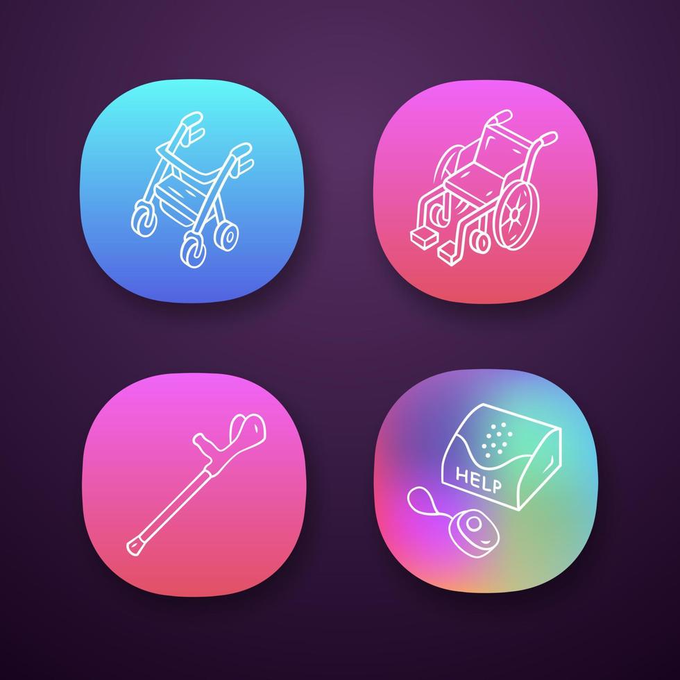 App-Symbole für deaktivierte Geräte festgelegt. Rollator, manueller Rollstuhl, Unterarmgehstütze, persönliches Notrufsystem. ui ux-benutzeroberfläche. Web- oder mobile Anwendungen. Vektor isolierte Illustrationen..