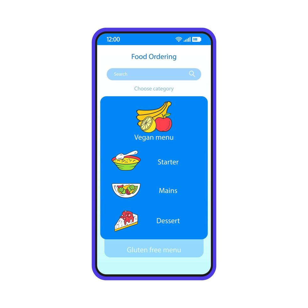 Vektorvorlage für die Smartphone-Schnittstelle zur Lebensmittelbestellung. blaues designlayout der mobilen app. Bildschirm für die Lieferung von Lebensmitteln. gericht, menüauswahl anwendungsseite ui. veganes Online-Menü des Restaurants. Telefonanzeige vektor