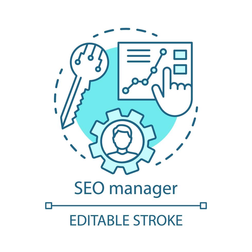 Symbol für das türkisfarbene Konzept des SEO-Managers. digitale marketing-spezialitätsidee dünne linienillustration. Suchmaschinenoptimierung. seo-strategie, website-inhalt. Vektor isoliert Umrisszeichnung. editierbarer Strich