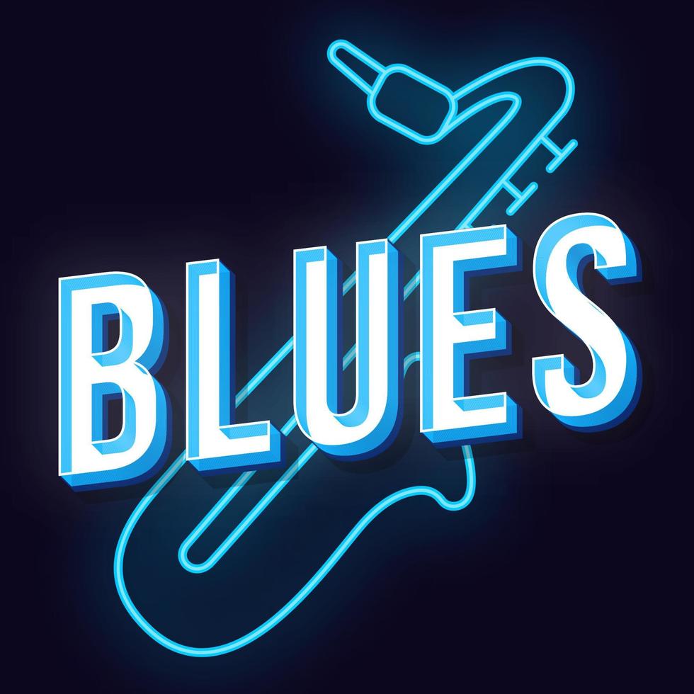 Blues Vintage 3D-Vektor-Schriftzug. retro fette schrift, schriftbild. Pop-Art-stilisierter Text. Neonlichtbuchstaben im alten Schulstil. 90er, 80er Poster, Banner, T-Shirt-Typografie-Design. dunkelblauer Hintergrund vektor