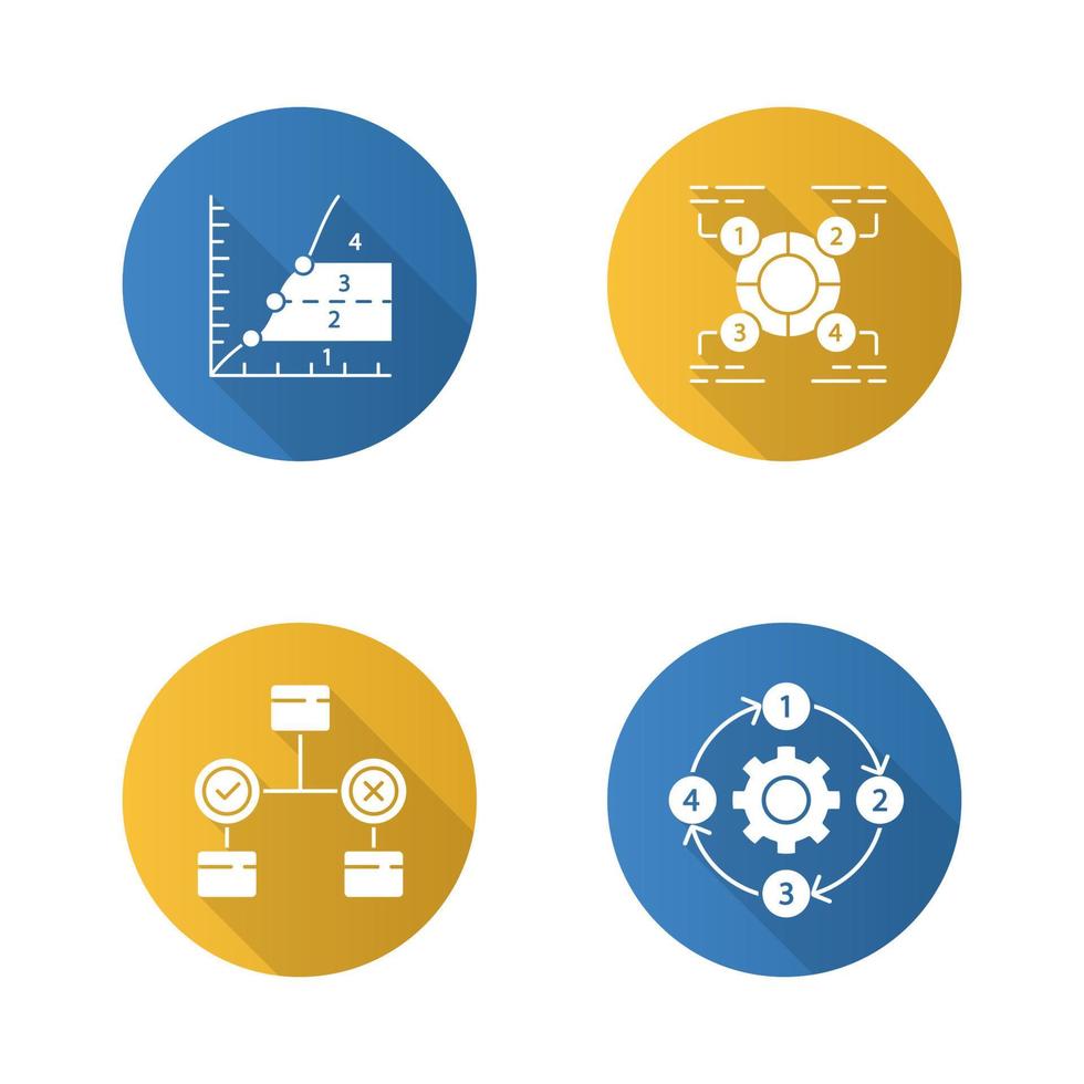 Diagrammkonzepte flaches Design lange Schatten-Glyphen-Symbole gesetzt. Entscheidungs-, Erklärungs-, Phasen-, Prozessdiagramme. Statistikdaten und Visualisierung von Prozessabläufen. Vektor-Silhouette-Illustration vektor